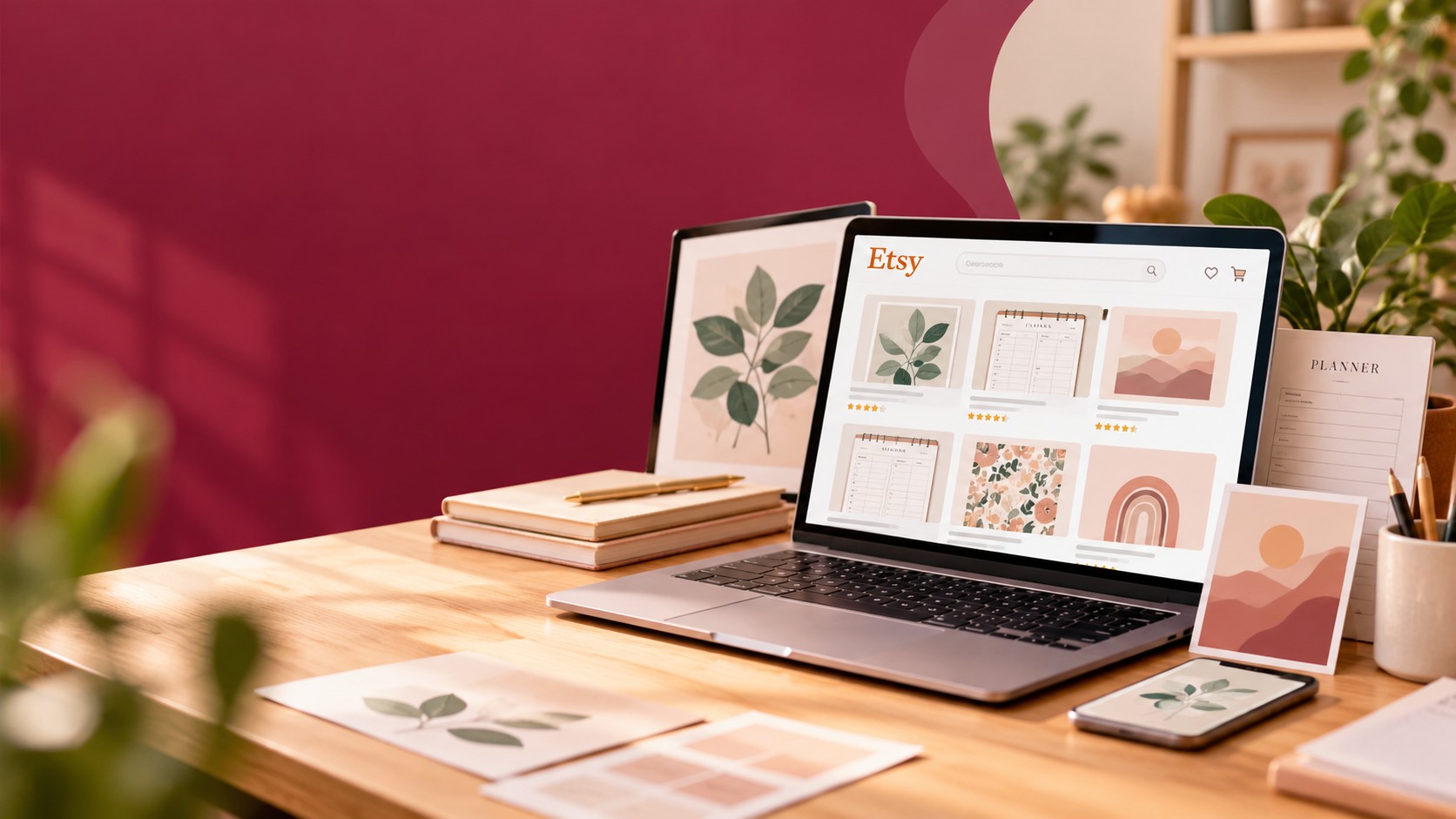 Femme souriante devant son ordinateur portable, entourée d'icônes autour d'une boutique Etsy illustrant l'absence d'expédition, les ventes illimitées, les revenus et la croissance