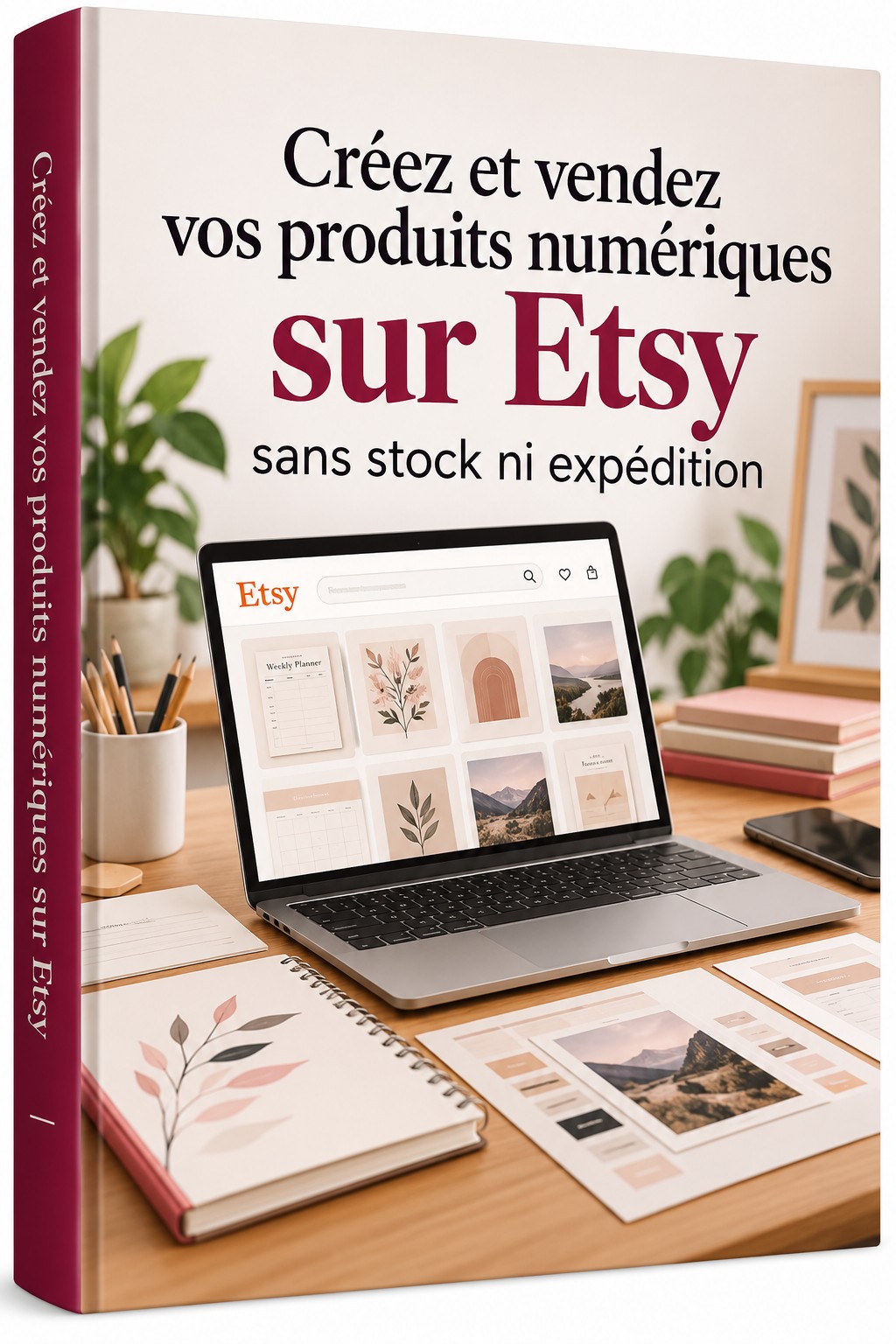 Couverture d'ebook montrant un ordinateur portable avec une boutique Etsy de planners imprimables, des icônes de types de fichiers et une tablette sur un bureau