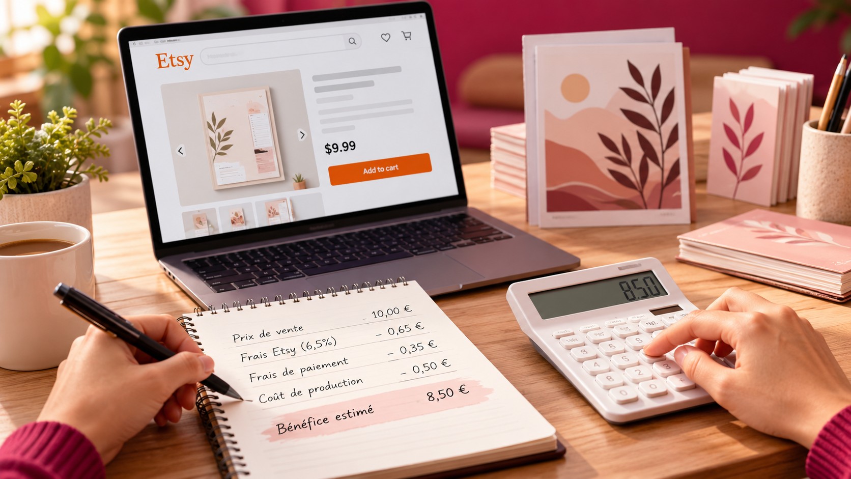 Carnet détaillant les frais et le bénéfice, à côté d'une calculatrice et d'un ordinateur portable affichant une annonce Etsy
